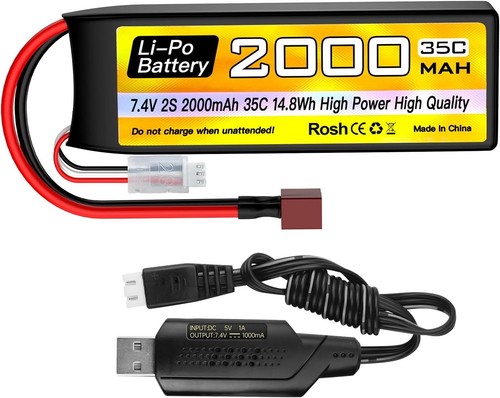 Batterie LiPo 2S 7,4V 2000mAh 35C – Prise EC2 – Câble De Charge USB Inclus – Pour Voitures, Camions, Bateaux, Drones FPV, Quadcoptères