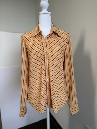 Ninety Striped Button Down Shirt Yellow Red Long Sleeve Blouse Womens L - Picture 2 of 8