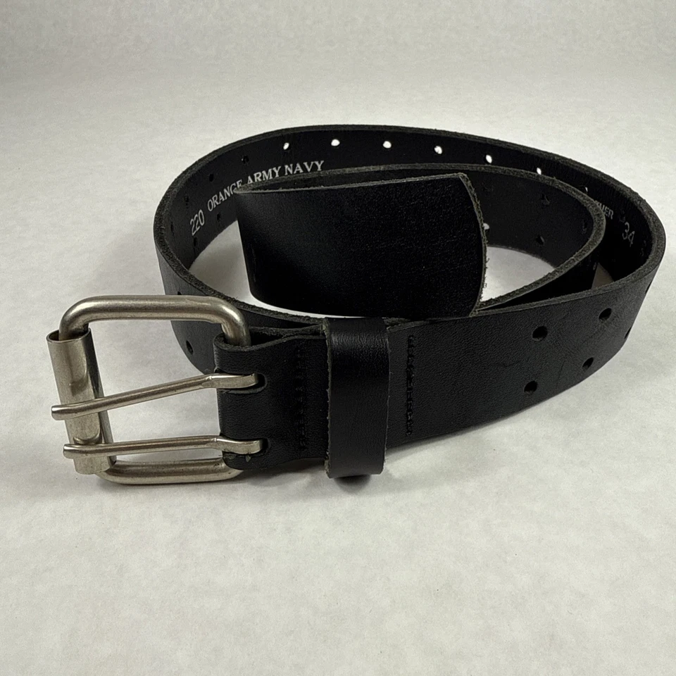 Orange Army Navy Size 34 Double Prong Men's Black Genuine Leather Belt Made USA - Image 2 of 4