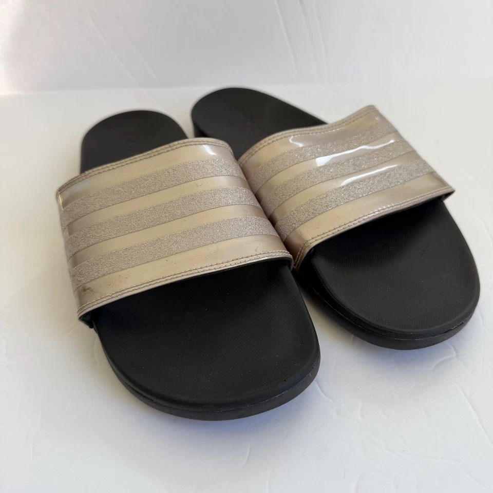 Adidas Adilette Comfort Slides Rose Gold Glitter Stripes Black Women’s Size 9 - Image 2 of 4