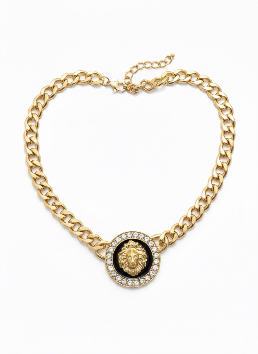 Gold Cuban Link Chain Necklace with Lion Medal Pendant and Clear Crystal Accents