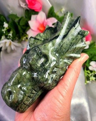 Large 5.5'' 834g Pretty Green Tree Jade Dragon Head Skull Crystal Stone Carving