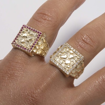 10K Yellow Gold Shiny Square Nugget Ring All Sizes | eBay