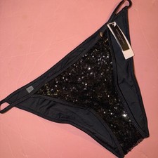 NWT Victoria's Secret M STRING BIKINI BOTTOM Black SEQUINED