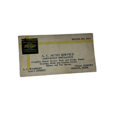 Vtg A.C. AUTO SERVICE CHEVROLET OMAHA NEBRASKA Advertising Business Card RARE