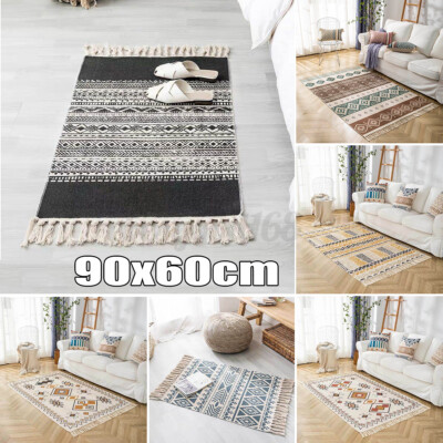 Boho Cotton Tassel Area Rug Tribal Floor Mat Living Room Bedroom Carpet 90x60cm