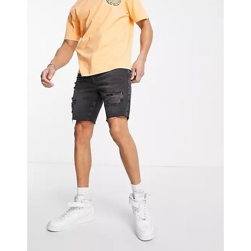 Pantalones Cortos Denim Topshop-Hombres Rasgados Ajustados Lavados Negros Talla-28 Nuevos con Etiquetas - Imagen 1 de 9