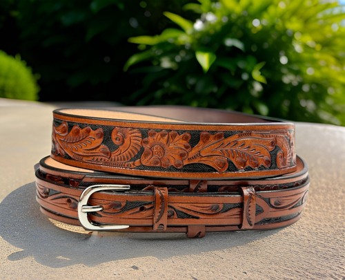 Ranger Western Belt Cowboy Rodeo Full Grain Leather Hand Tooled With Buckle - Picture 5 of 10