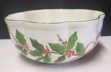 N.S. GUSTIN Los Angeles Pottery PUNCH BOWL Holly with Pink Ribbon 12.5" x 6" 