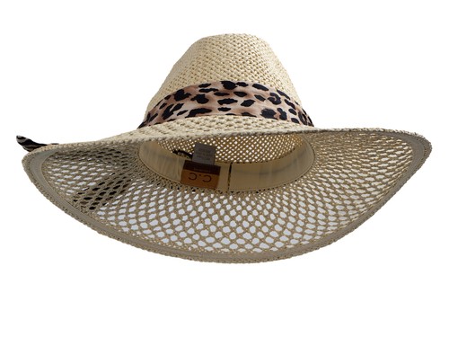 CC Women's Honecomb Shape Panma Hat with Leopard Band - 第 3/3 張圖片