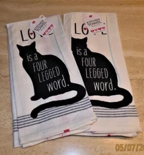Design Imports set 2 black cat kitchen towels; cotton; NWT; 28 x 18 inches