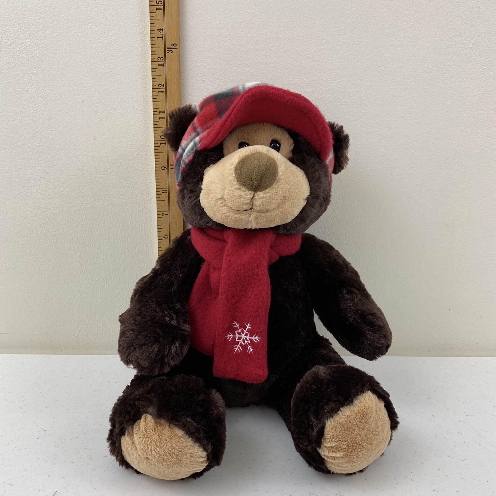 Hugfun International Brown Plush Teddy Bear Red Scarf, Snowflake, Plaid Hat