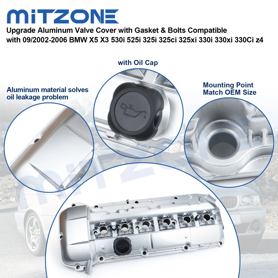 ALUMINUM Valve Cover w/ Gasket & Bolts&Cap for 03-06 BMW 325i 330i 525i X3 X5 Z4 - Image 4 of 4