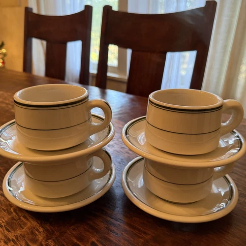 Four (4) Vintage Jackson Vitrified China Restaurant Ware Cups & Saucers. USA.