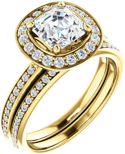 1.32 ct total Asscher & Round Diamond Halo Engagement 14k Yellow Gold Halo Ring