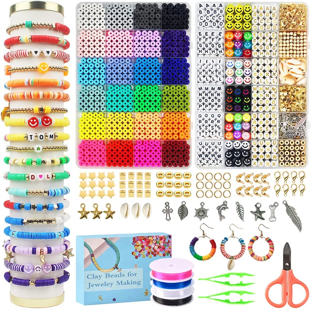 7200 Clay Beads Bracelet Making Kit,24 Colors Spacer Flat Beads for Jewelry  Gift