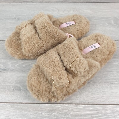 Boux Avenue Women's Borg Buckle Sliders Slippers Fluffy Tan UK