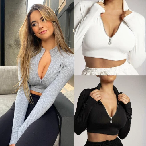 Womens Sexy Zipper Long Sleeve Crop Top Ladies Slim Fit Tee Blouse