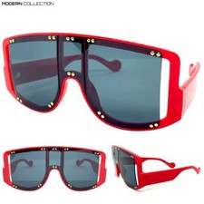 Oversized Classy Elegant Modern Contemporary Retro Shield SUN GLASSES Red Frame