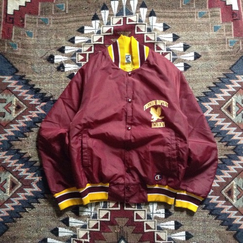 VTG Champion Freedom Baptist Academy Satin Bomber Jacket Mens Size XS 70’s - 第 1/10 張圖片