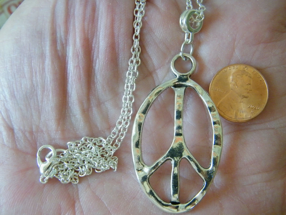 PEACE SIGN Necklace Tibet Silver LOVE PEACE Oval Charm Pendant