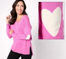 Studio Park Women's Top Sweater Sz L V-Neck Heart Sleeve Pink A630700