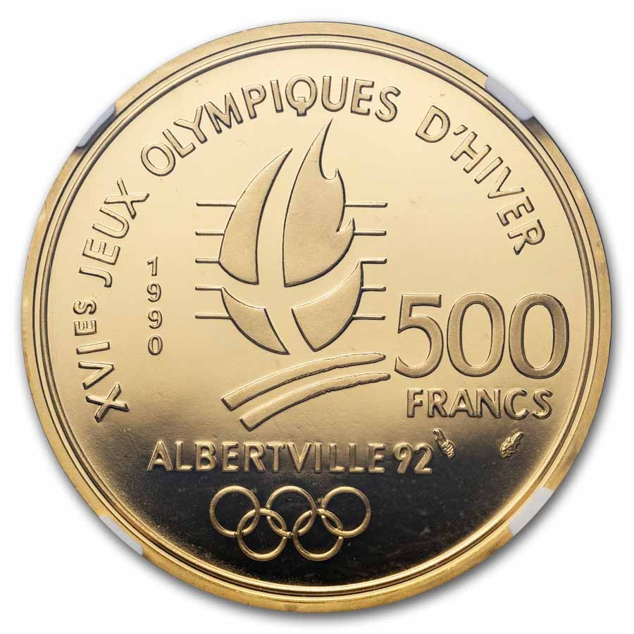 1990 France Proof Gold 500 Francs Winter Olympic Slalom PF