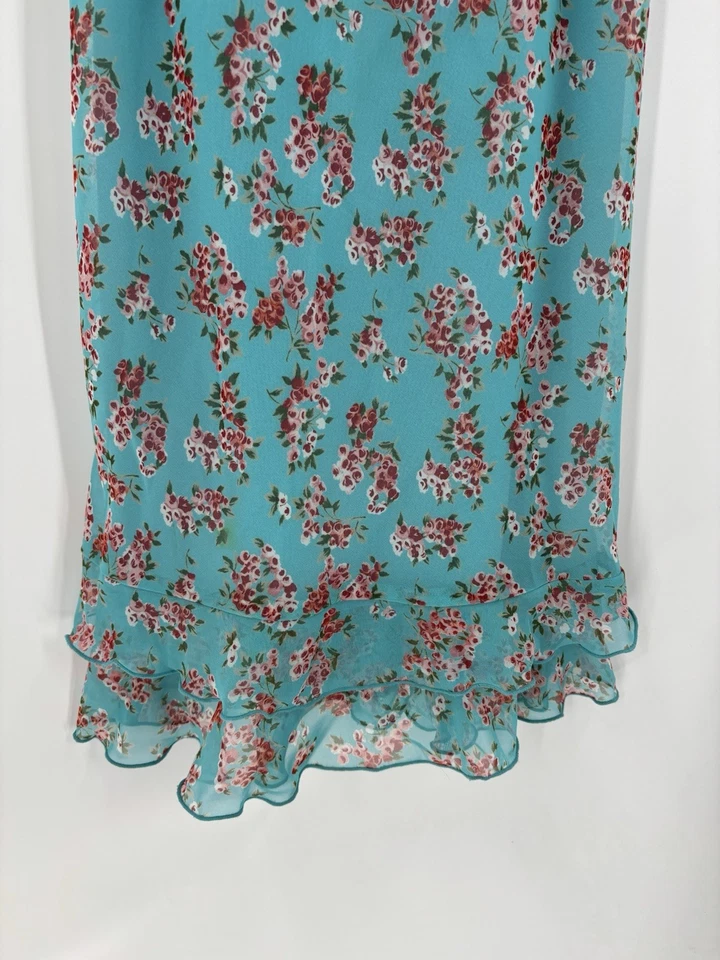 Mica Vintage Dress Womens 4 Blue Midi Floral Sleeveless Ruffles Ruched Tie 90s - Image 2 of 4