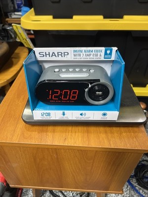 Sharp Digital Alarm Clock, 2 AMP High-Speed USB Charging Port, SPC547
