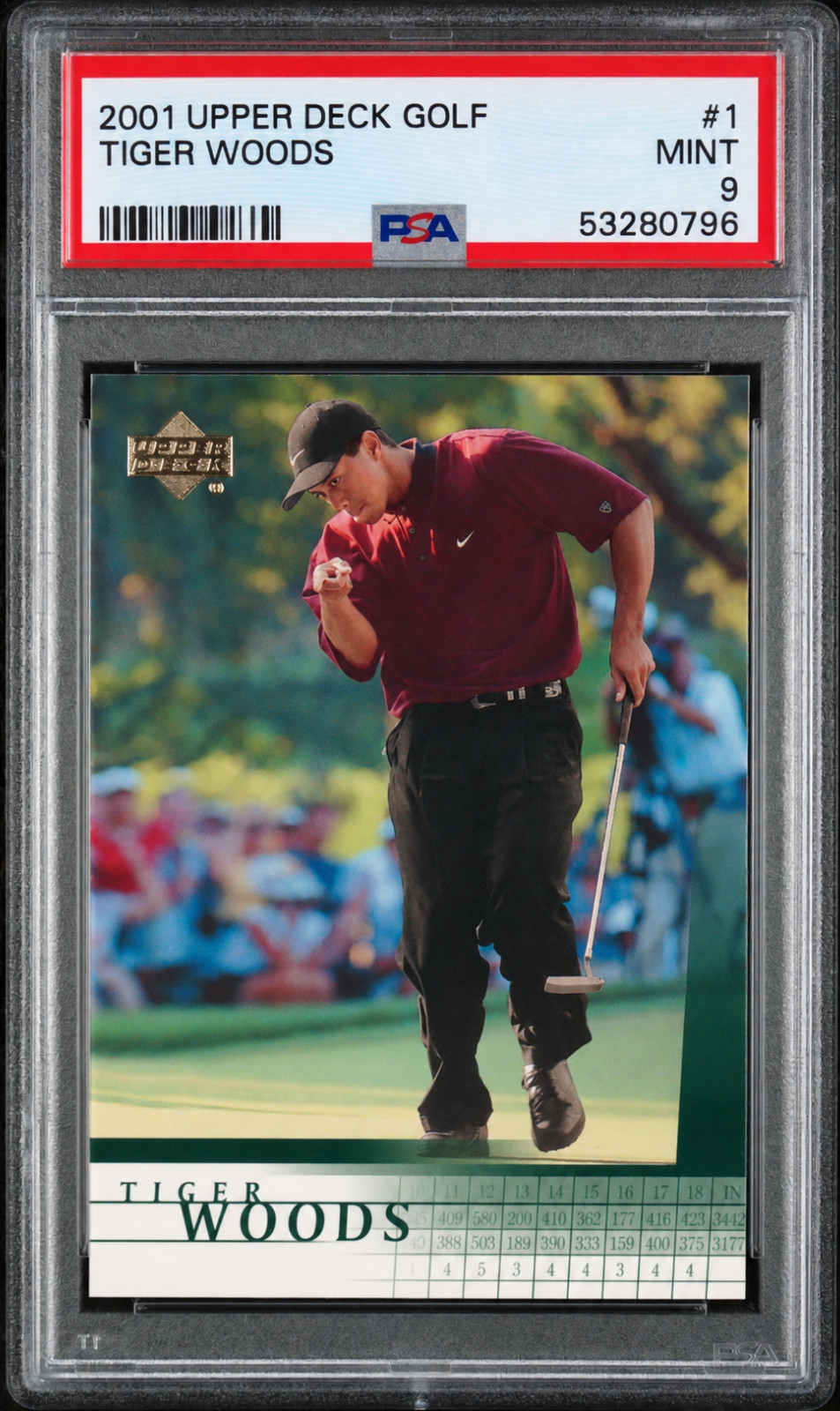 Tiger Woods 2001 Upper Deck Golf #1 Rookie PSA 9-MINT PGA Golf Legend (RC) view 1