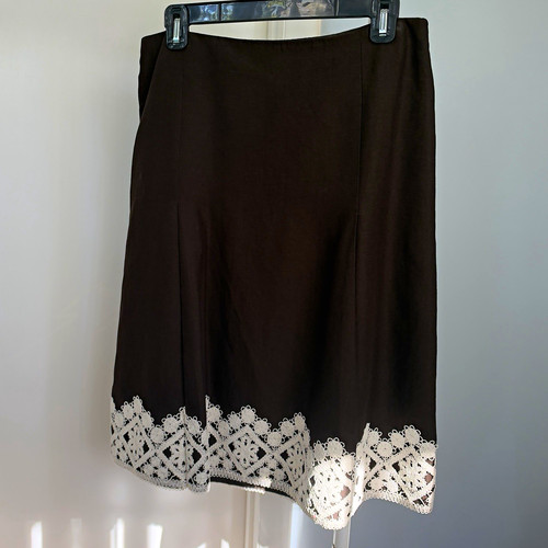 Ann Taylor, Ann Taylor LOFT Skirt Womens 8 Brown Linen Crochet Lace Hem Y2K Boho Knee