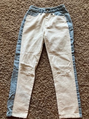 PacSun Mom Jeans High Rise Size 24 White Blue Side Stripe Distressed 100% Cotton