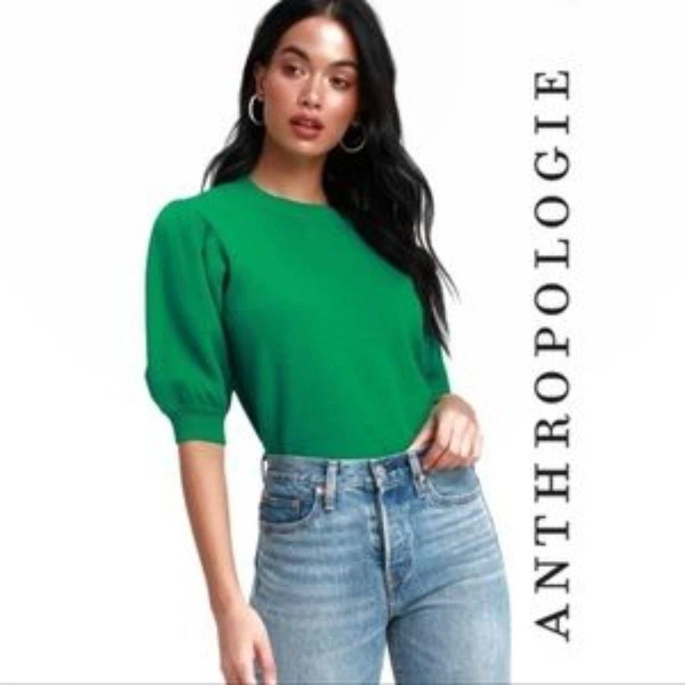 Suéter Moth para mujer XL verde manga abullonada manga corta cuello redondo tejido pulóver top Foto 2 de 4