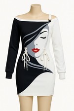 Women’s Black & White Artistic Print Dress Off Shoulder Adjustable Fit
