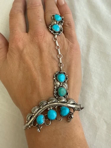 Vintage Navajo H Yazzie Turquoise Sterling Silver Slave Cuff Bracelet Ring  #B1D