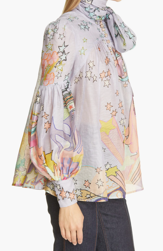 ZIMMERMANN Concert Print Lavender Star High Tie Neck Crystal Button Top Blouse 0 - Picture 4 of 7