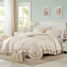 Comforter Set Queen 3Pcs Ruffle Beige Lightweight Soft Farmhouse Cupocupa Sets