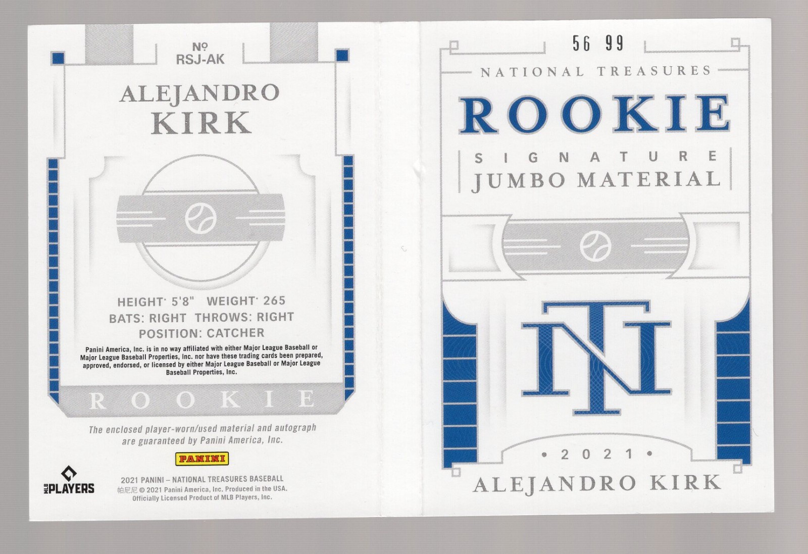 ALEJANDRO KIRK 2021 NATIONAL TREASURES BOOKLET GOLD ON CARD AUTO/JERSEY #56/99 view 2