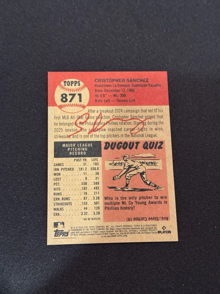 Cristopher Sanchez Phillies 2025 Topps MLB Living Set Card 871 Black Ink Bio SP - Image 3 of 3