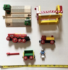 7 Brio Wooden Train Cars Pieces Lot Engine Trains Crossing Track Used Tested