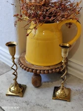 Solid Brass Spiral Twist Swirl Candle Holders/Candlesticks Pair 9.15” Vintage 