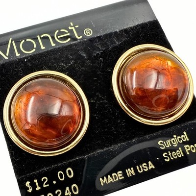 Monet NOS Designer Signed Round Rootbeer Lucite Post Earrings