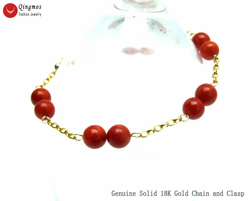 Genuine Solid 18K Gold Chain Bracelet for Women & Round Red Coral Bracelet 7.5" - Image 2 of 4