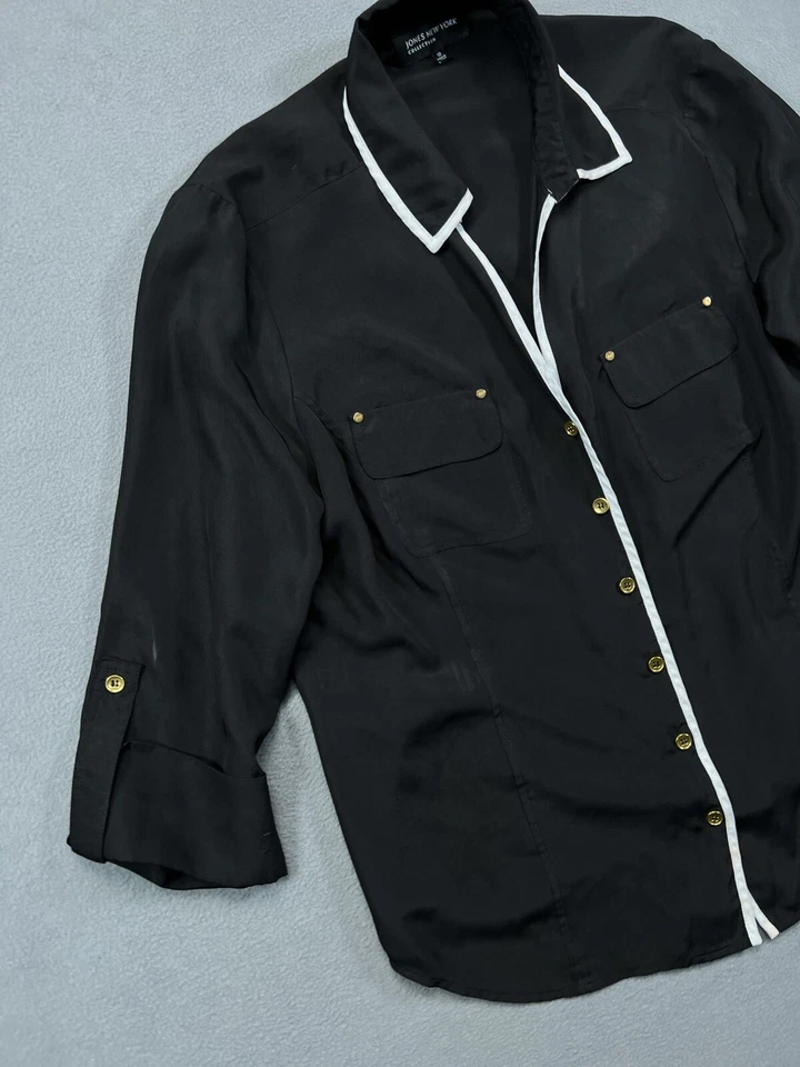 Camisa Jones New York Abotonada Mujer 12 Negra Top Blusa Trabajo Damas Manga 3/4 Foto 4 de 4