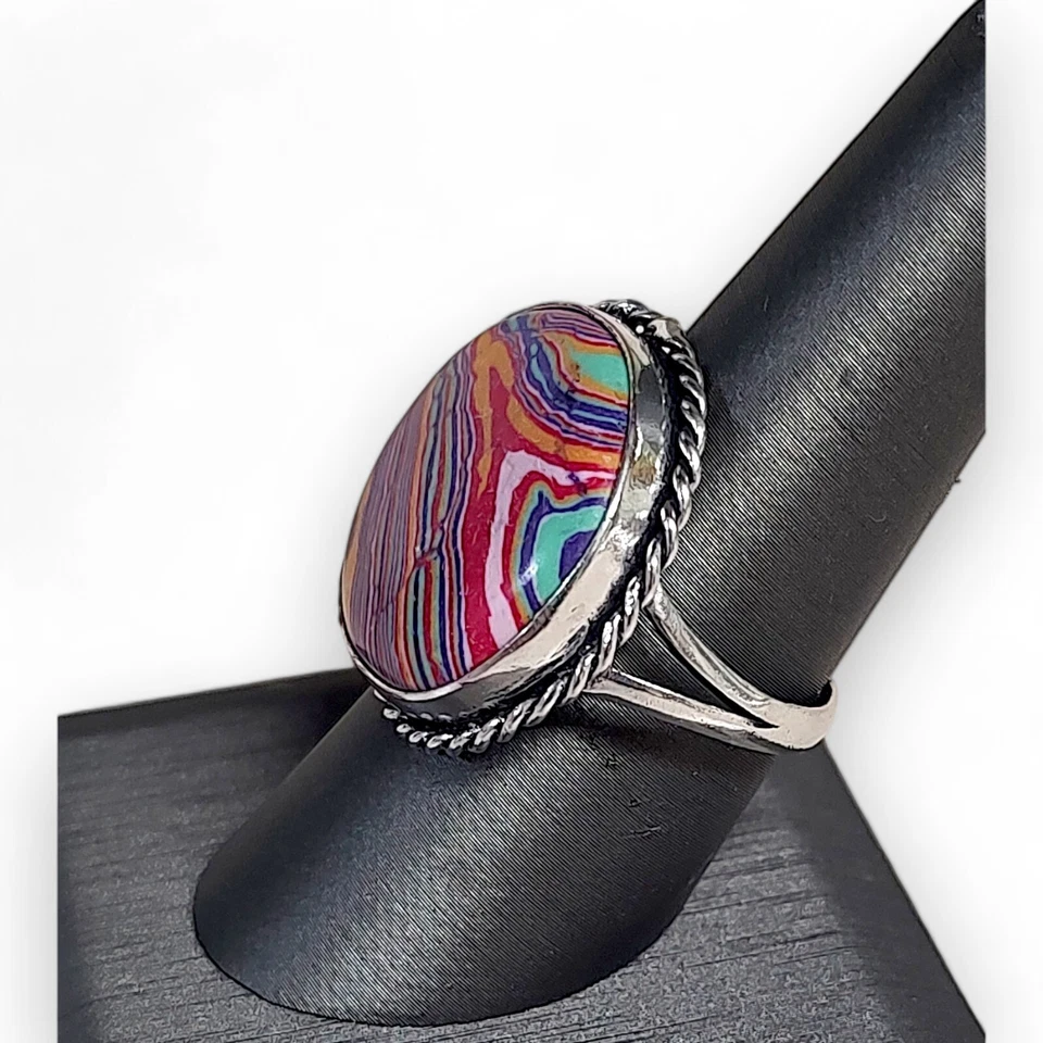 Женское кольцо из стерлингового серебра 925 пробы с радужной кальсиликой размер 10,5 ручная работа - Изображение 3 из 4