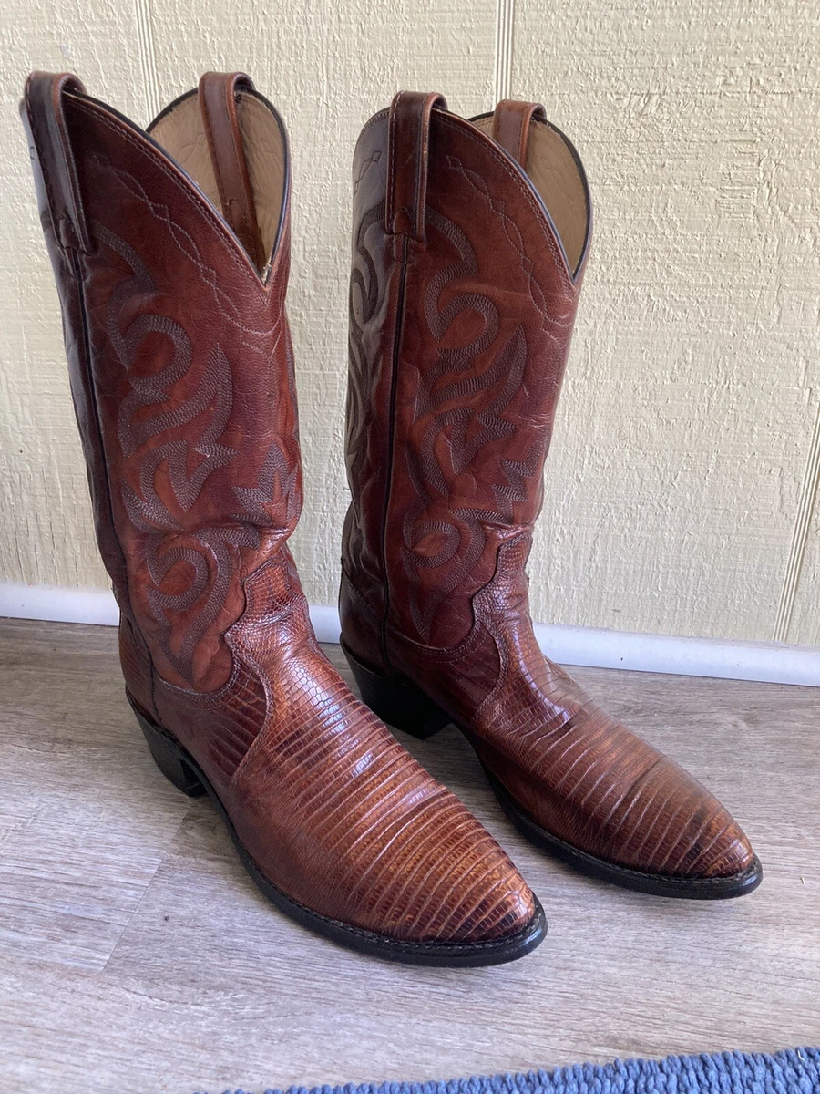 Vintage Dan Post Brown Lizard Western Cowboy Boots Mens Size 8.5 D embroided top
