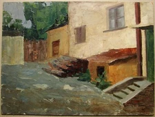  Ukrainian Soviet USSR Oil Painting postimpressionism courtyard old house