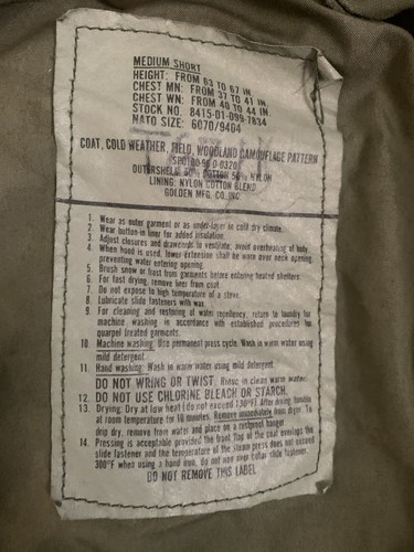 MILITARY ISSUE COLD WEATHER FIELD COAT in CAMOUFLAGE PATTERN~Medium Short ~ EUC - Picture 3 of 6