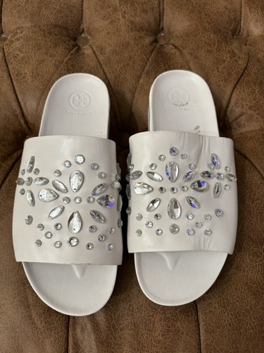 $ 295 Tory Burch BRAE weiße Leder-Slide-Sandalen flache Pantoletten 8,5