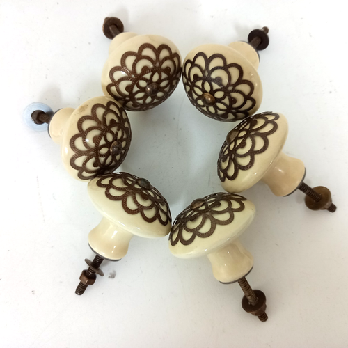 Porcelain & Brass Cabinet Knobs Set of 6 Ivory Vintage Diameter 4.5cm Length 4cm